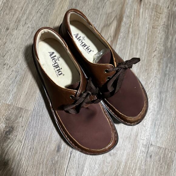 Alegria Dani Oxford Brown Leather Textile Round Toe Lace Up Shoes EU 39 US 8.5 - Picture 1 of 9